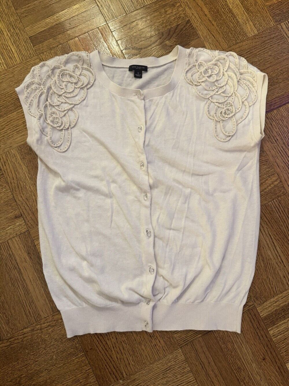 Ann Taylor Floral Embellished Cardigan Short Sleeve Shirt Career Cream Crystal